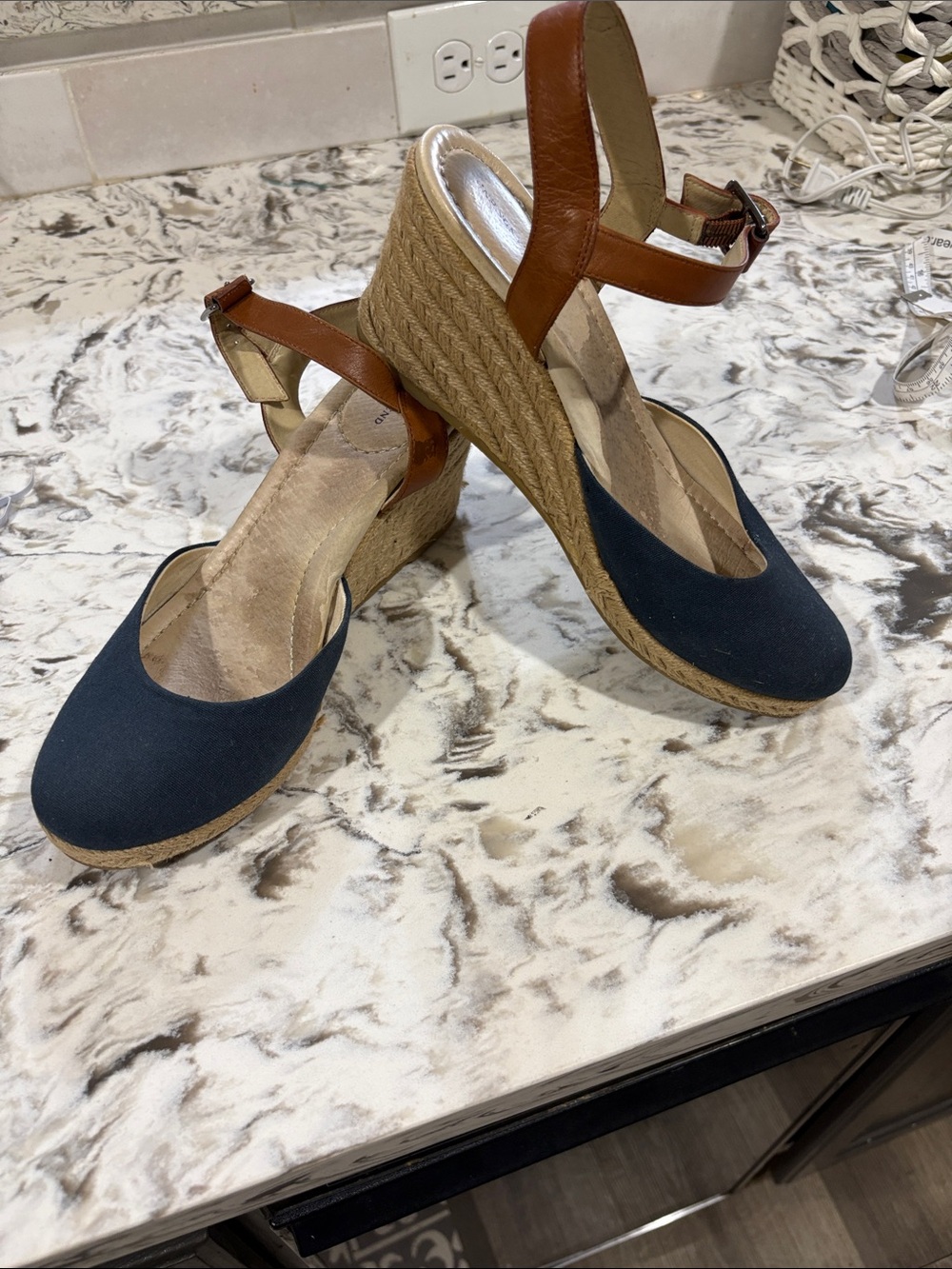 Lands' End Navy and Brown Espadrille Wedge Sandals